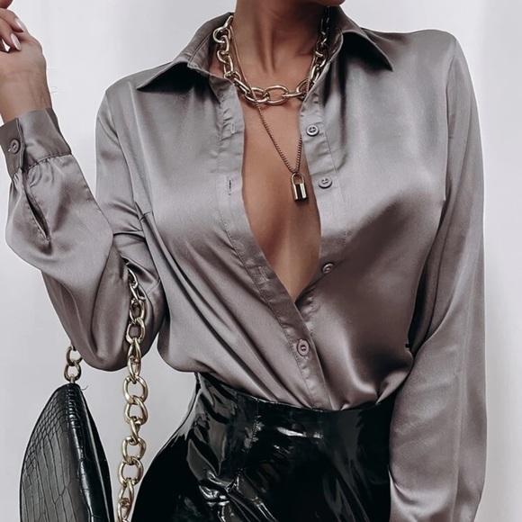 Tops - Satin silky button up down shirt sexy business professional casual